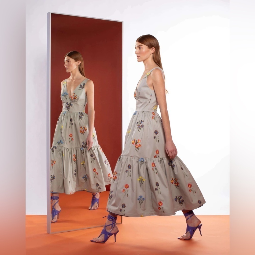 Silvia Tcherassi Dorotea Embroidered Floral Halter‎ Midi Dress Silver M